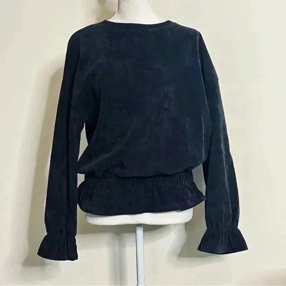 Qearal Charcoal Black Corduroy Long Sleeve Ruffled Cuffs Women’s Top Size Large